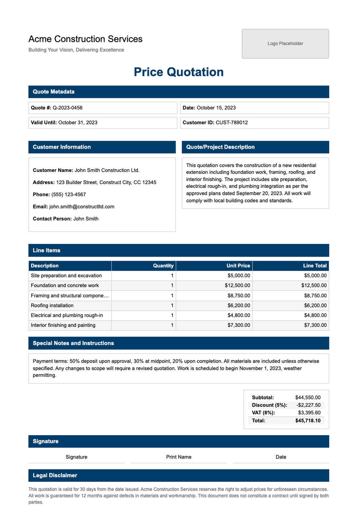 Professional business quote template with blue headers and placeholder fields_variant_3